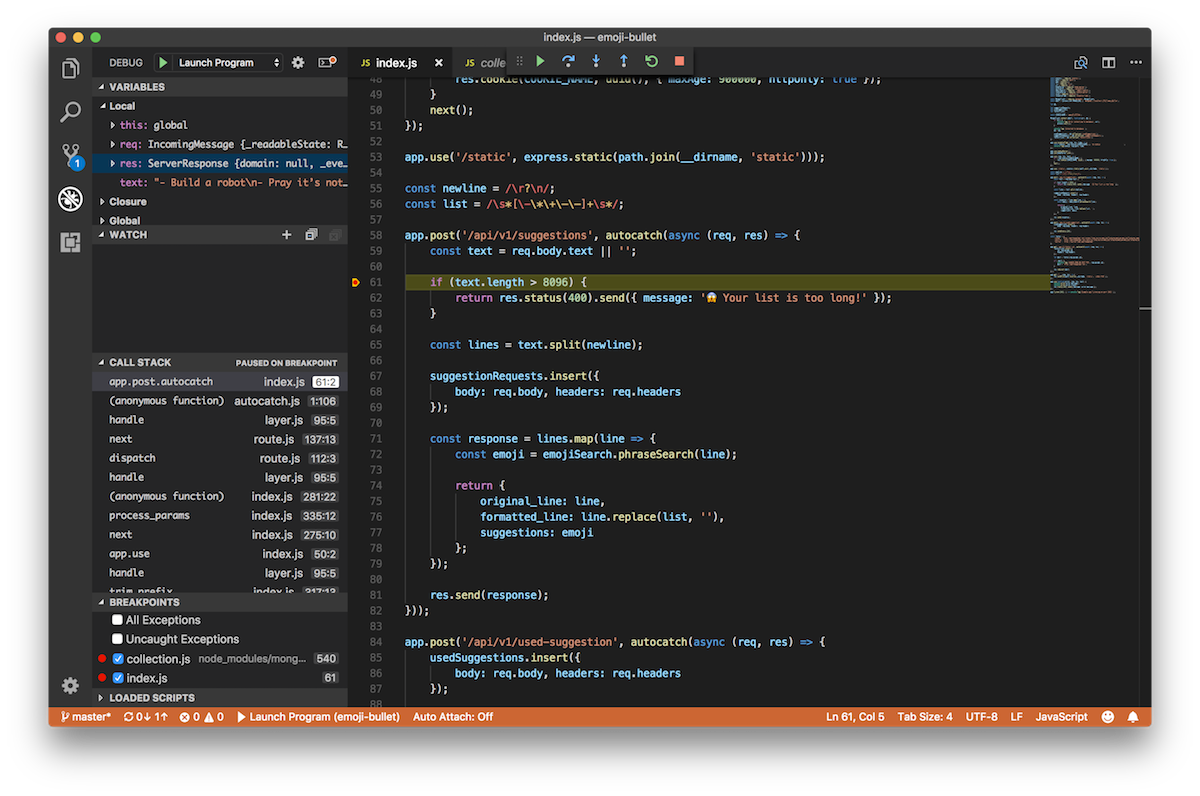 Debug панель. Vs code. Node js code. Visual Studio Debugger. Api debug