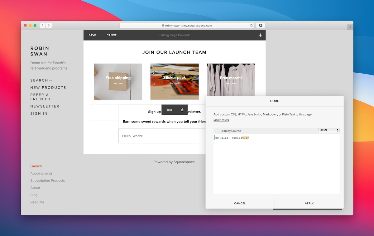 Squarespace add code block