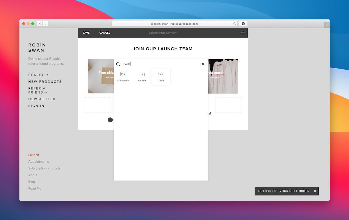 Squarespace add code block
