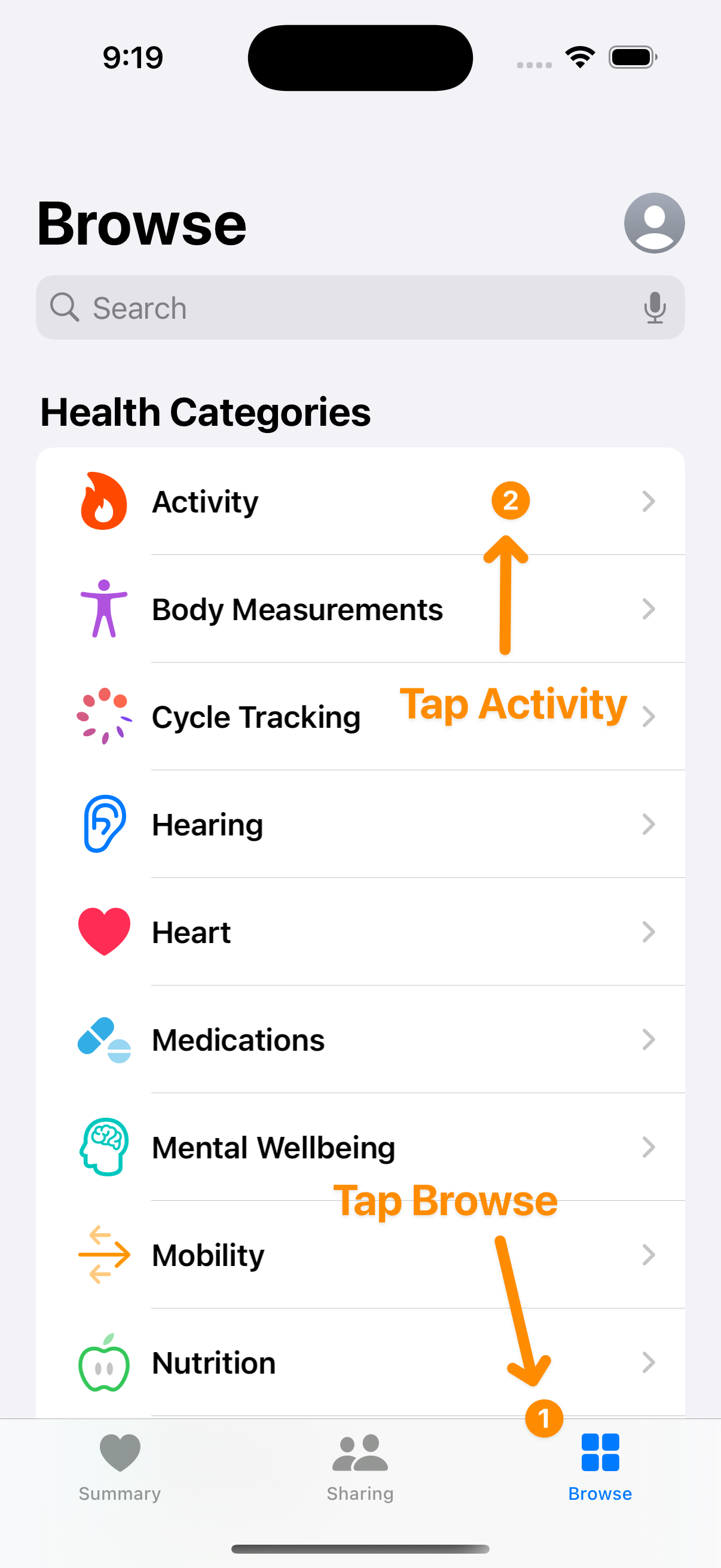 Tap Browse to find workout data