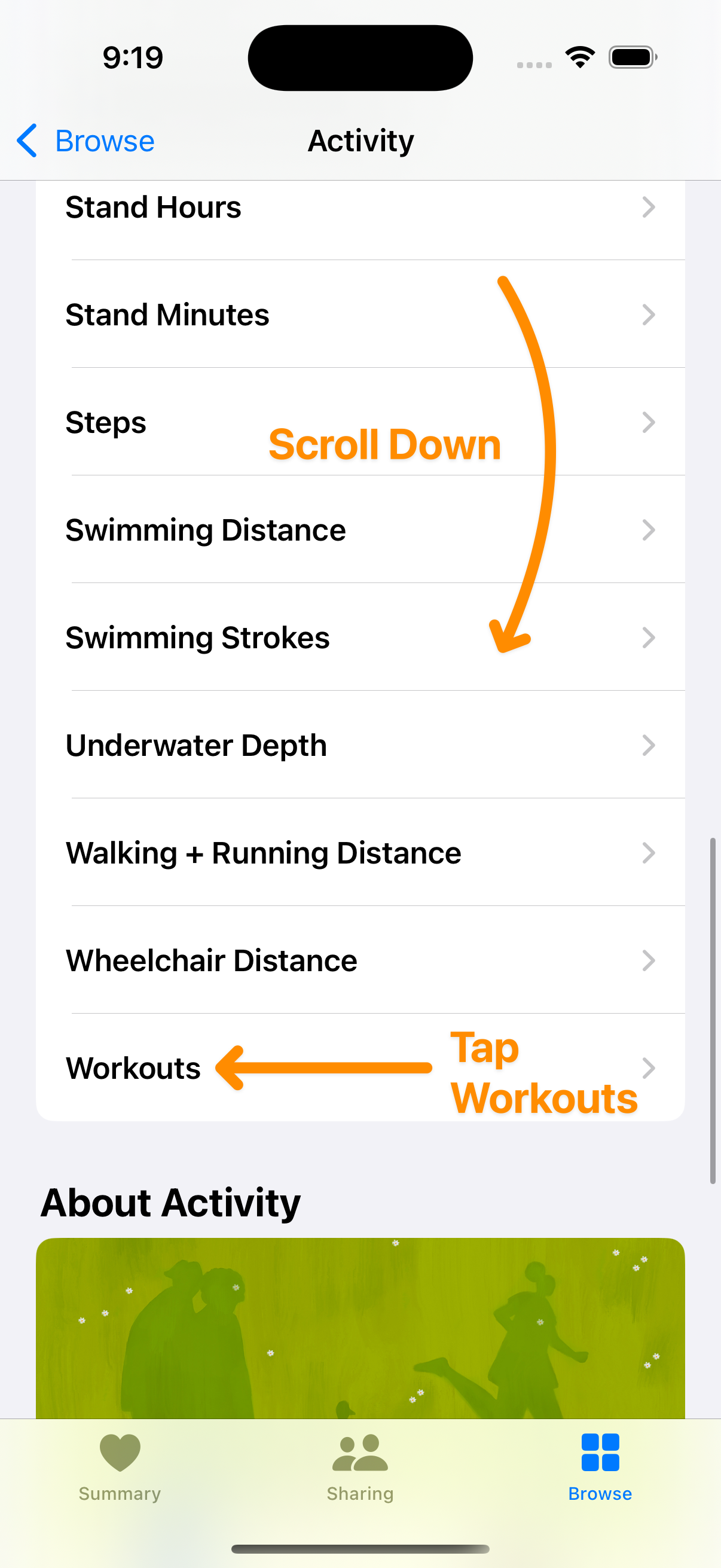 Find workouts in Health app