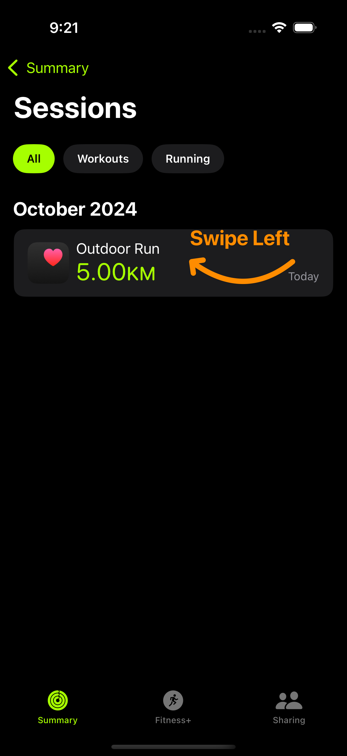 Swipe to delete workout on iPhone